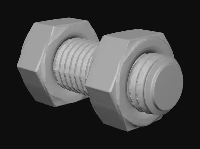 3D model for Stylized 3D game prop. A single rusty bolt with a matching nut on a pure white background, loosely screwed on. The metal surfaces are heavily corroded with textured rust, but the basic bolt and hex nut shapes are still clear. Muted brown-orange rust tones with a few dark metal spots visible underneath. Soft studio lighting, clean readable silhouette.