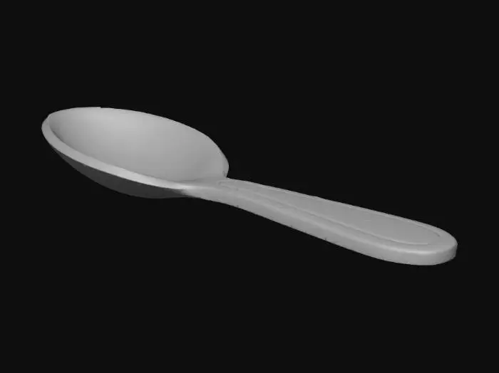 3D model for Stylized 3D game prop. A single metal spoon on a pure white background. The bowl is slightly scratched and dull, while the handle has a simple engraved pattern or ornamental line, worn but still visible. The metal is a bit tarnished with soft reflections along the curved surfaces, evoking the classic “prison spoon” feel. Soft studio lighting, clean readable silhouette, cool metallic highlights.