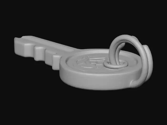 3D model for Stylized 3D game prop. A small key-shaped pendant keychain on a pure white background. The key is stylized, not matching any real lock, with a simple cut-out design and a small ring at the top. The metal is slightly worn with bright edges and a small engraved symbol or abstract mark on the head. Soft studio lighting, clean readable silhouette, warm metallic highlights.