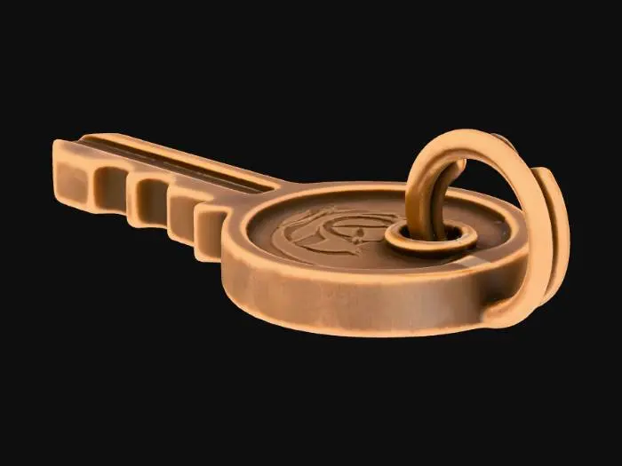 3D model for Stylized 3D game prop. A small key-shaped pendant keychain on a pure white background. The key is stylized, not matching any real lock, with a simple cut-out design and a small ring at the top. The metal is slightly worn with bright edges and a small engraved symbol or abstract mark on the head. Soft studio lighting, clean readable silhouette, warm metallic highlights.