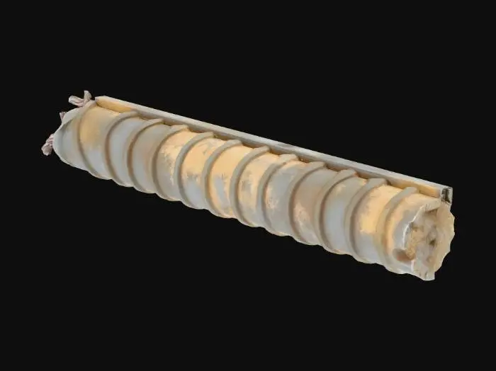 3D model for Stylized 3D game prop. A single broken piece of rebar on a pure white background: a thick metal rod with a ribbed surface, snapped off at one end with a rough jagged break. The metal is dark and slightly rusty, with some dirt stains. Soft studio lighting, clean readable silhouette, muted metallic and rust colors.