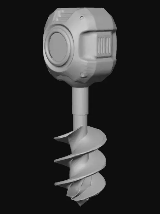 3D model for Futuristic “cosmic mutant” **automatic mechanical earth auger**, stylized 3D game prop. At the bottom is a thick exaggerated spiral drill bit for soil with chunky twisted blades and a vibrant gradient metal surface and bright metallic highlights along the edges. Above the drill is a solid metal shaft leading to a large motor housing instead of a hand grip: smooth curved panels, vent openings, a glowing energy core in the center, and a few clean mechanical details. Thin glowing energy lines run from the core down the shaft into the spiral, clearly showing that the auger is powered and spins by itself.  Stylized 3D game prop, bright metallic highlights, glossy reflections on metal, saturated colors, isolated on pure white background, soft studio lighting, clean readable shapes.