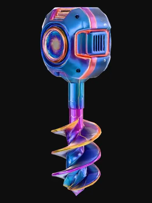3D model for Futuristic “cosmic mutant” **automatic mechanical earth auger**, stylized 3D game prop. At the bottom is a thick exaggerated spiral drill bit for soil with chunky twisted blades and a vibrant gradient metal surface and bright metallic highlights along the edges. Above the drill is a solid metal shaft leading to a large motor housing instead of a hand grip: smooth curved panels, vent openings, a glowing energy core in the center, and a few clean mechanical details. Thin glowing energy lines run from the core down the shaft into the spiral, clearly showing that the auger is powered and spins by itself.  Stylized 3D game prop, bright metallic highlights, glossy reflections on metal, saturated colors, isolated on pure white background, soft studio lighting, clean readable shapes.