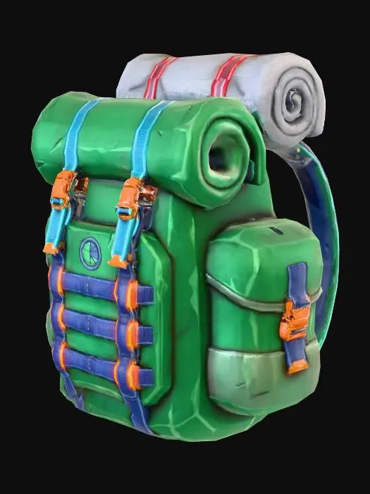 3D model for Stylized 3D game prop. A high-capacity “tunnel runner” backpack with a roll-top closure: the top part of the bag rolls down and is secured with two bright strap buckles. Large cylindrical side pockets suggest extra storage for loot, and a rolled bundle (blanket or bag) is strapped on top. The front panel features vertical webbing straps in a MOLLE-like style, giving a technical, upgraded look. The base color is a deep saturated tone (forest green, dark blue or maroon) with neon-like accent straps and buckles. The silhouette is tall and heroic, clearly the final, most advanced inventory bag. Saturated colors, bright metallic and fabric highlights, isolated on pure white background, soft studio lighting, clean readable shapes.