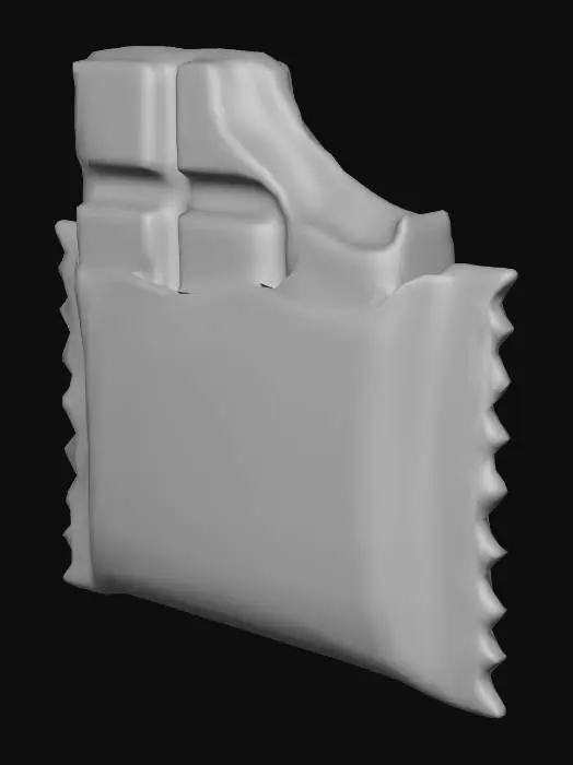 3D model for Stylized 3D game prop. A small chocolate energy bar in a slightly crumpled bright wrapper, with one torn corner revealing a piece of chocolate. The wrapper uses one dominant saturated color (for example orange or red) and a bold generic “ENERGY” style label, no real brand. The bar looks cheap but tasty, clearly a low-tier energy snack. Isolated on pure white background, soft studio lighting, clean readable silhouette, saturated colors, glossy highlights on the wrapper.