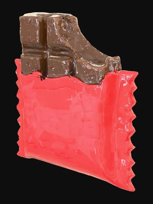 3D model for Stylized 3D game prop. A small chocolate energy bar in a slightly crumpled bright wrapper, with one torn corner revealing a piece of chocolate. The wrapper uses one dominant saturated color (for example orange or red) and a bold generic “ENERGY” style label, no real brand. The bar looks cheap but tasty, clearly a low-tier energy snack. Isolated on pure white background, soft studio lighting, clean readable silhouette, saturated colors, glossy highlights on the wrapper.