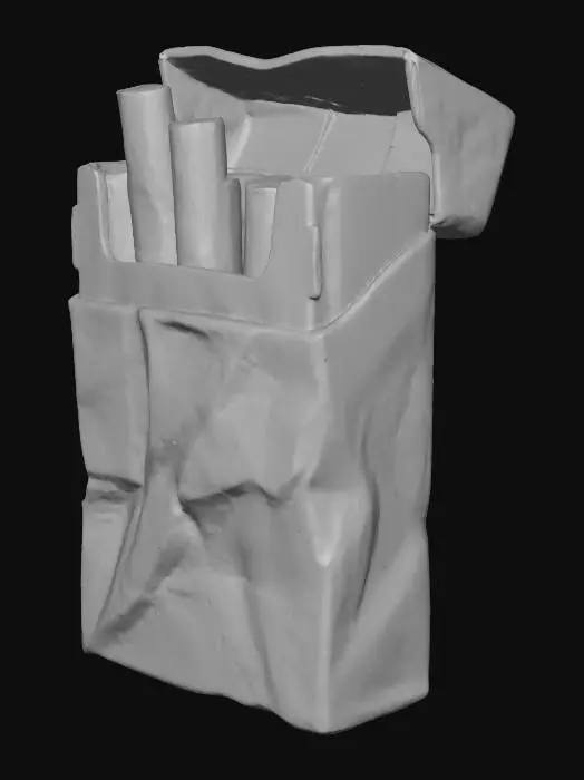 3D model for Stylized 3D game prop. A single soft cigarette pack on a pure white background, slightly squashed and wrinkled. The top is partly open and a few cigarette filters peek out. The design is generic with simple colored bands and a fake brand-like marking (abstract shapes, no real logo, no readable text). Soft studio lighting, clean readable silhouette, muted but saturated colors.