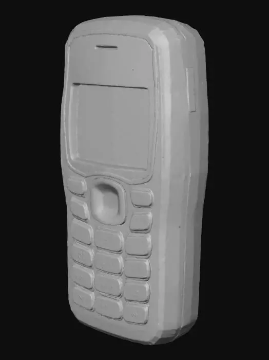 3D model for Stylized 3D game prop. A single old-school keypad mobile phone on a pure white background. Small rectangular body, physical number buttons, tiny screen with a cracked or spiderweb-like broken glass. The plastic casing is slightly yellowed or scratched. No SIM card visible, just a worn obsolete device. Soft studio lighting, clean readable silhouette, muted but saturated plastic colors.