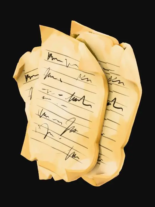 3D model for Stylized 3D game prop. A small cluster of two or three torn notebook pages on a pure white background, slightly overlapping. The pages are yellowed, with faint printed lines and darker scribbled handwriting-like strokes, but all text is abstract and unreadable. Some edges are torn or crumpled, suggesting emotional writing and damage. Soft studio lighting, clean readable silhouette, muted paper colors.