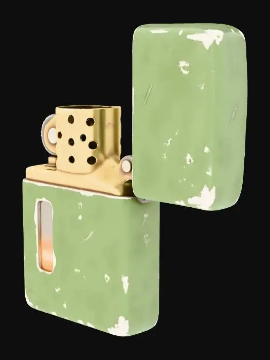 3D model for Stylized 3D game prop. A single old lighter on a pure white background, either flip-top or disposable-style, with faded paint and small scratches. The metal top is slightly tarnished, the ignition wheel and nozzle clearly visible. The lighter looks almost empty but still functional. Soft studio lighting, clean readable silhouette, muted but saturated colors, metallic highlights on the top.