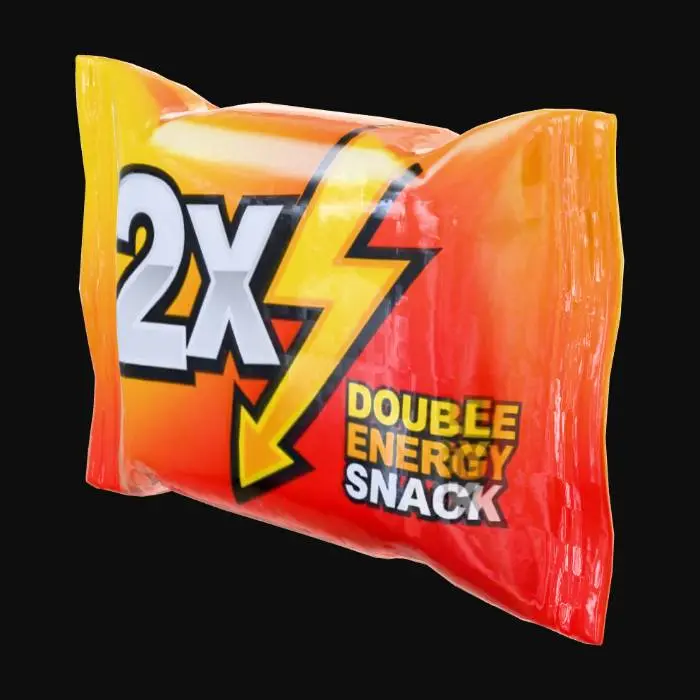 3D model for Stylized 3D game prop. A larger “double” energy bar pack: a chunky chocolate snack wrapper with a clear “2x” style marking and a simple lightning or arrow graphic to suggest speed. The wrapper uses a bright gradient color scheme (for example yellow-to-red or blue-to-purple), with glossy reflections and a slightly bulging shape that suggests two bars inside. Clearly a stronger mid-tier energy snack. Isolated on pure white background, soft studio lighting, clean readable silhouette, saturated colors.