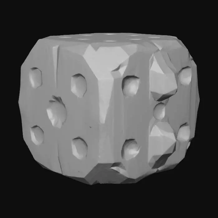 3D model for Stylized 3D game prop. A single handmade dice on a pure white background. Slightly irregular cube carved from wood or plastic, with uneven hand-drawn pips or shallow carved dots on the faces. Some sides are a bit chipped and the paint on the pips is slightly smudged. Soft studio lighting, clean readable silhouette, muted but saturated colors.