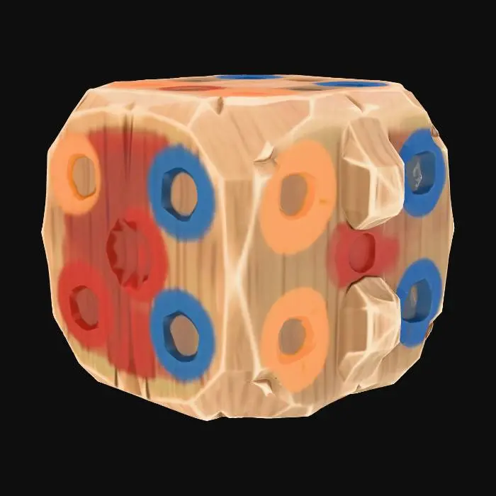 3D model for Stylized 3D game prop. A single handmade dice on a pure white background. Slightly irregular cube carved from wood or plastic, with uneven hand-drawn pips or shallow carved dots on the faces. Some sides are a bit chipped and the paint on the pips is slightly smudged. Soft studio lighting, clean readable silhouette, muted but saturated colors.
