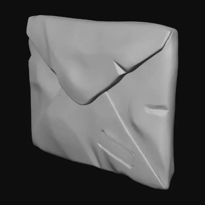 3D model for Stylized 3D game prop. A single aged paper envelope on a pure white background, slightly yellowed and worn, with a few creases and softened corners. The front shows faint, illegible handwriting lines and a hint of a stamp area, but no readable text or real addresses. The flap is closed. Soft studio lighting, clean readable silhouette, muted paper tones.