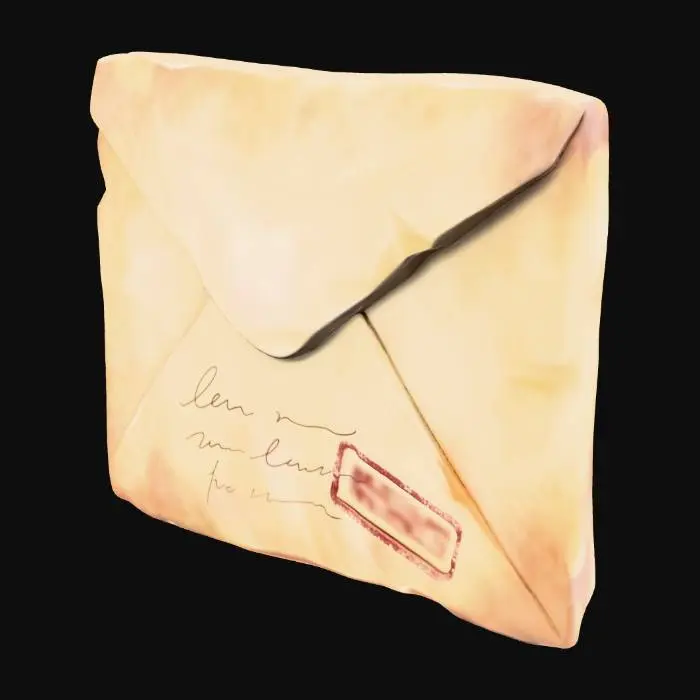 3D model for Stylized 3D game prop. A single aged paper envelope on a pure white background, slightly yellowed and worn, with a few creases and softened corners. The front shows faint, illegible handwriting lines and a hint of a stamp area, but no readable text or real addresses. The flap is closed. Soft studio lighting, clean readable silhouette, muted paper tones.