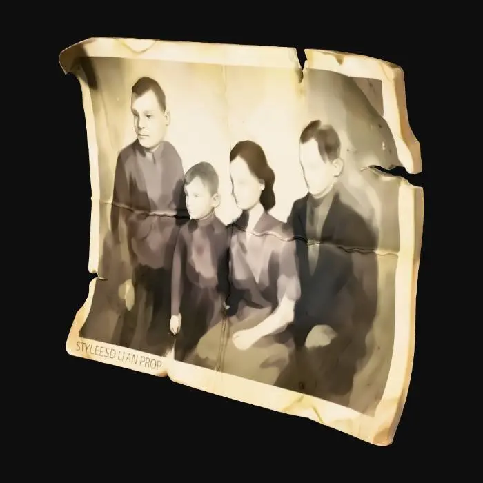 3D model for Stylized 3D game prop. A single old printed photo on a pure white background, slightly curled at the edges and a bit yellowed. The image shows a small, blurry family group (figures hinted with shapes and tones, no clear faces), in muted black-and-white or sepia. There are a few creases and small tears on the corners. Soft studio lighting, clean readable silhouette, no sharp recognizable real people.