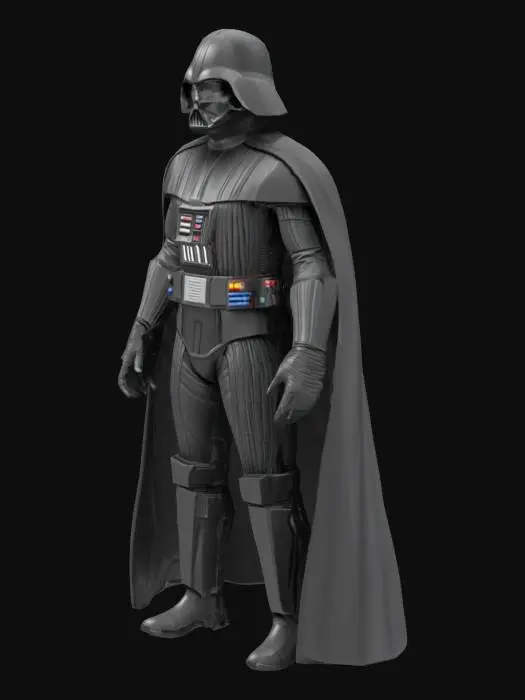3D model for Create a 3D printable model of Darth Vader exactly as seen in Star Wars, optimized for FDM printing. The model must be watertight, with clean topology and no mesh errors. Armor, helmet, chest panel, belt, boots, gloves, and lightsaber must match the original design precisely. Split the model into modular parts: head, torso, arms, legs, cape, and lightsaber. Use simple geometry for small details like buttons or grooves to ensure printability at 0.2mm layer height. Limit overhangs to under 45° and avoid thin parts. The lightsaber blade should be detachable. Cape should be a separate part with minimal folds. Final output: STL, print-ready.

