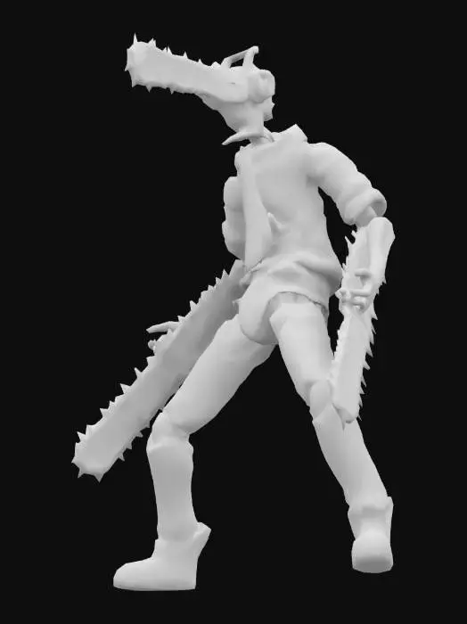 3D model for Denji from Chainsaw Man in his hybrid chainsaw form, highly detailed muscular body with torn clothes, chainsaws protruding from his arms and head, metallic chainsaw blades with realistic textures, glowing red eyes inside the helmet, blood splatters on his body and weapons, anime-style proportions but with realistic detailing, dynamic battle pose, cinematic lighting, ultra-high detail, 4K PBR textures, sharp edges and intricate mechanical parts