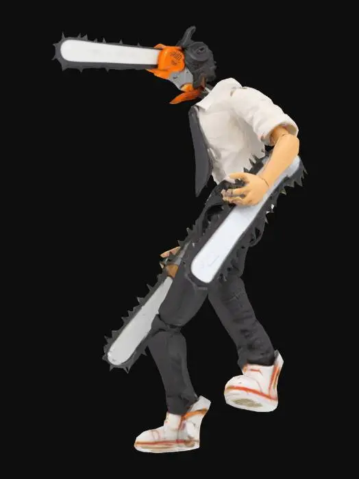 3D model for Denji from Chainsaw Man in his hybrid chainsaw form, highly detailed muscular body with torn clothes, chainsaws protruding from his arms and head, metallic chainsaw blades with realistic textures, glowing red eyes inside the helmet, blood splatters on his body and weapons, anime-style proportions but with realistic detailing, dynamic battle pose, cinematic lighting, ultra-high detail, 4K PBR textures, sharp edges and intricate mechanical parts