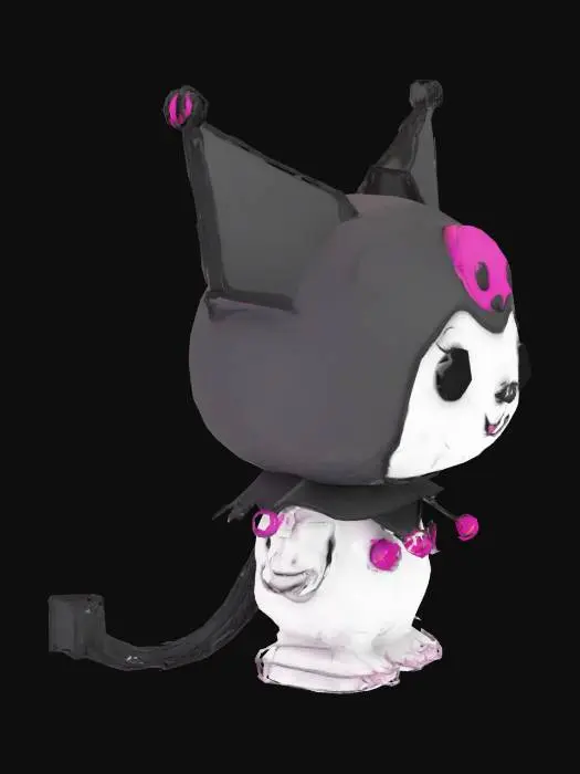 3D model for Kuromi 3D full-body model of Kuromi, stylized Sanrio character, black jester hat with pink skull, white face and body, pink cheeks, big expressive eyes, standing pose with arms at sides, fingers separated and visible, cute cartoon proportions, clean geometry, smooth texture, symmetrical design, no deformities, no fused hands, high quality topology, clear hands with five fingers