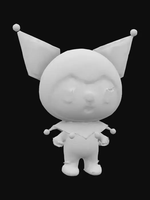 3D model for Kuromi 3D full-body model of Kuromi, stylized Sanrio character, black jester hat with pink skull, white face and body, pink cheeks, big expressive eyes, standing pose with arms at sides, fingers separated and visible, cute cartoon proportions, clean geometry, smooth texture, symmetrical design, no deformities, no fused hands, high quality topology, clear hands with five fingers
