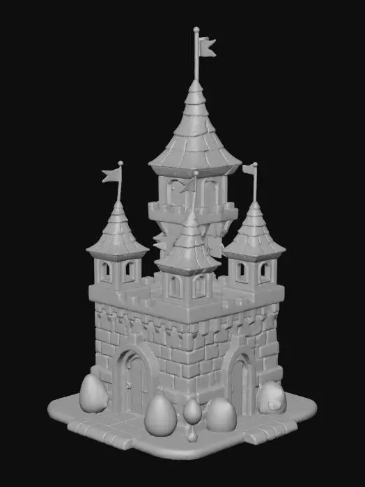 3D model for isometric view of a stylized fantasy town hall, strategy game building asset, stone and wood materials, oversized roof tiles, cozy warm lighting, blue flags, Clash Royale style, exaggerated details, 3d render, asset for mobile game, white background, high quality