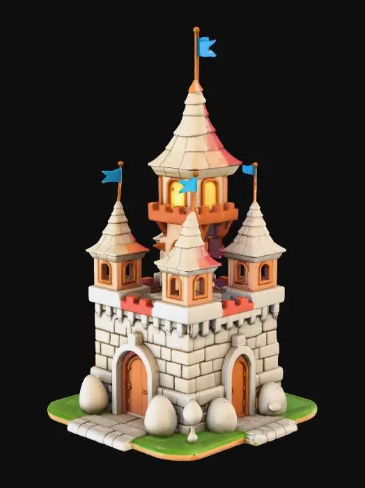 3D model for isometric view of a stylized fantasy town hall, strategy game building asset, stone and wood materials, oversized roof tiles, cozy warm lighting, blue flags, Clash Royale style, exaggerated details, 3d render, asset for mobile game, white background, high quality