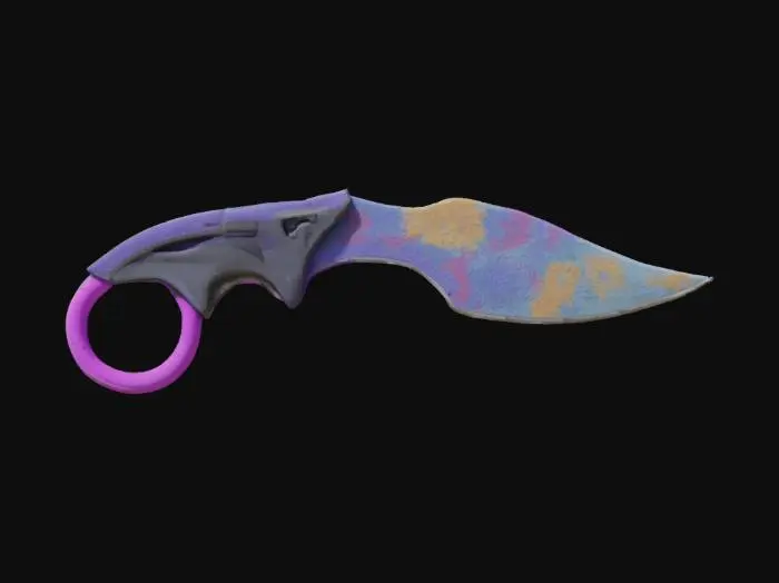 3D model for A cs:go inspired karambit knife for a roblox fps game. With the blade and ring having a cs:go case hardened rare pattern style.