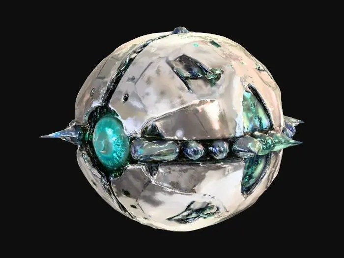 3D model for A sci-fi cyber planetoid, its surface a complex tapestry of dark, polished metallic plates and gleaming, etched circuits. Angular, crystalline spires protrude at various points, emitting soft, pulsing blue and green light. The texture is a blend of smooth, cold metal and intricate, raised circuitry, giving it a high-tech, artificial feel. Its overall spherical shape is broken by geometric structures and integrated energy conduits, suggesting a fully automated, advanced celestial body.
