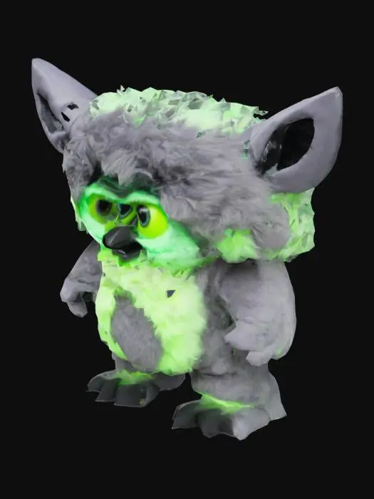 3D model for a bipedal furby grey and neon green fur with giant eyes