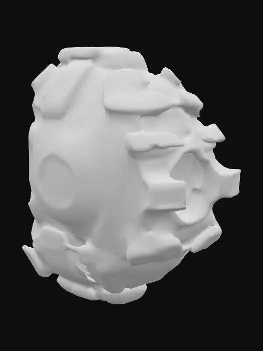 3D model for A sci-fi cyber planetoid, its surface a complex tapestry of dark, polished metallic plates and gleaming, etched circuits. led lights protrude at various points, emitting soft green light. The texture is a blend of smooth, cold metal and intricate, raised circuitry, giving it a high-tech, artificial feel. Its overall spherical shape is broken by geometric structures and integrated energy conduits, suggesting a fully automated, advanced celestial body.