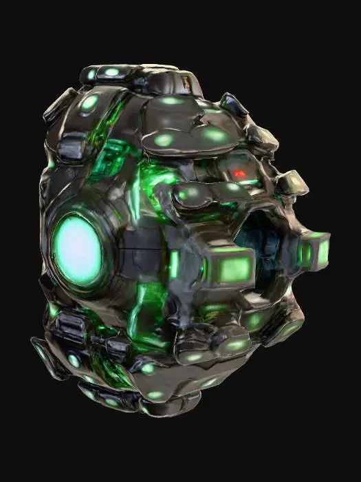 3D model for A sci-fi cyber planetoid, its surface a complex tapestry of dark, polished metallic plates and gleaming, etched circuits. led lights protrude at various points, emitting soft green light. The texture is a blend of smooth, cold metal and intricate, raised circuitry, giving it a high-tech, artificial feel. Its overall spherical shape is broken by geometric structures and integrated energy conduits, suggesting a fully automated, advanced celestial body.
