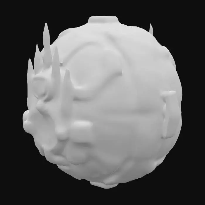 3D model for A sci-fi cyber planetoid, its surface a complex tapestry of dark, polished metallic plates and gleaming, etched circuits. Angular, crystalline spires protrude at various points, emitting soft, pulsing blue and green light. The texture is a blend of smooth, cold metal and intricate, raised circuitry, giving it a high-tech, artificial feel. Its overall spherical shape is broken by geometric structures and integrated energy conduits, suggesting a fully automated, advanced celestial body.