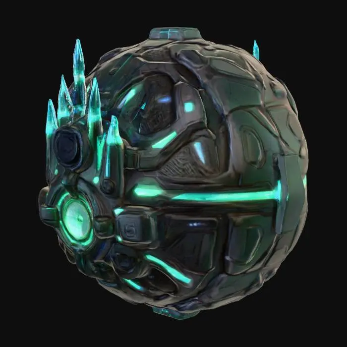 3D model for A sci-fi cyber planetoid, its surface a complex tapestry of dark, polished metallic plates and gleaming, etched circuits. Angular, crystalline spires protrude at various points, emitting soft, pulsing blue and green light. The texture is a blend of smooth, cold metal and intricate, raised circuitry, giving it a high-tech, artificial feel. Its overall spherical shape is broken by geometric structures and integrated energy conduits, suggesting a fully automated, advanced celestial body.