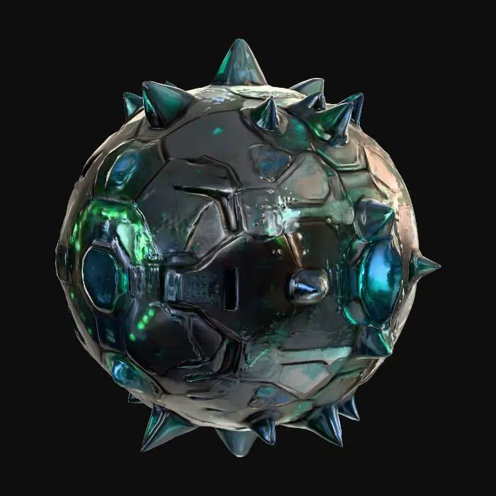 3D model for A sci-fi cyber planetoid, its surface a complex tapestry of dark, polished metallic plates and gleaming, etched circuits. Angular, crystalline spires protrude at various points, emitting soft, pulsing blue and green light. The texture is a blend of smooth, cold metal and intricate, raised circuitry, giving it a high-tech, artificial feel. Its overall spherical shape is broken by geometric structures and integrated energy conduits, suggesting a fully automated, advanced celestial body.