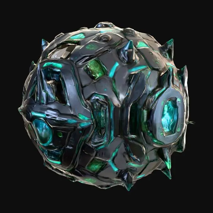 3D model for A sci-fi cyber planetoid, its surface a complex tapestry of dark, polished metallic plates and gleaming, etched circuits. Angular, crystalline spires protrude at various points, emitting soft, pulsing blue and green light. The texture is a blend of smooth, cold metal and intricate, raised circuitry, giving it a high-tech, artificial feel. Its overall spherical shape is broken by geometric structures and integrated energy conduits, suggesting a fully automated, advanced celestial body.