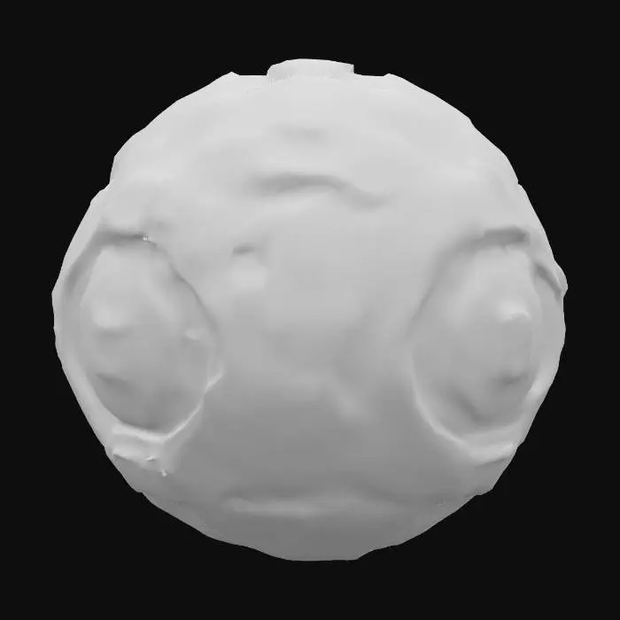 3D model for A sci-fi cyber planetoid, its surface a complex tapestry of dark, polished metallic plates and gleaming, etched circuits. led lights protrude at various points, emitting soft green light. The texture is a blend of smooth, cold metal and intricate, raised circuitry, giving it a high-tech, artificial feel. Its overall spherical shape is broken by geometric structures and integrated energy conduits, suggesting a fully automated, advanced celestial body.