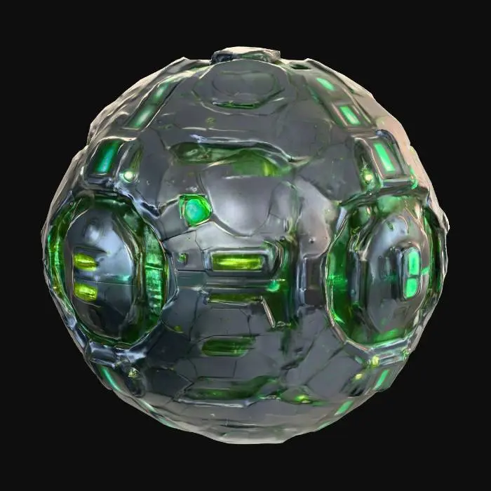 3D model for A sci-fi cyber planetoid, its surface a complex tapestry of dark, polished metallic plates and gleaming, etched circuits. led lights protrude at various points, emitting soft green light. The texture is a blend of smooth, cold metal and intricate, raised circuitry, giving it a high-tech, artificial feel. Its overall spherical shape is broken by geometric structures and integrated energy conduits, suggesting a fully automated, advanced celestial body.