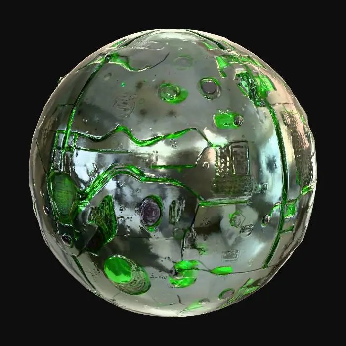 3D model for A sci-fi cyber planetoid, its surface a complex tapestry of dark, polished metallic plates and gleaming, etched circuits. led lights protrude at various points, emitting soft green light. The texture is a blend of smooth, cold metal and intricate, raised circuitry, giving it a high-tech, artificial feel. Its overall spherical shape is broken by geometric structures and integrated energy conduits, suggesting a fully automated, advanced celestial body.