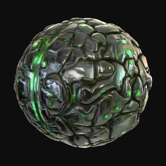 3D model for A sci-fi cyberbrain, its surface a complex tapestry of dark, polished metallic plates and gleaming, etched circuits. led lights protrude at various points, emitting soft green light. The texture is a blend of smooth, cold metal and intricate, raised circuitry, giving it a high-tech, artificial feel. Its overall spherical shape is broken by geometric structures and integrated energy conduits