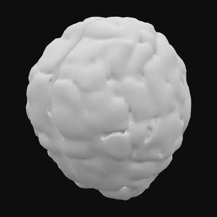 3D model for A sci-fi cyberbrain, its surface a complex tapestry of dark, polished metallic plates and gleaming, etched circuits. led lights protrude at various points, emitting soft green light. The texture is a blend of smooth, cold metal and intricate, raised circuitry, giving it a high-tech, artificial feel. Its overall spherical shape is broken by geometric structures and integrated energy conduits