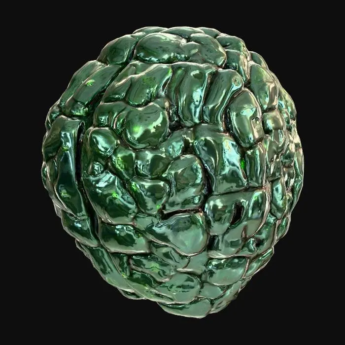3D model for A sci-fi cyberbrain, its surface a complex tapestry of dark, polished metallic plates and gleaming, etched circuits. led lights protrude at various points, emitting soft green light. The texture is a blend of smooth, cold metal and intricate, raised circuitry, giving it a high-tech, artificial feel. Its overall spherical shape is broken by geometric structures and integrated energy conduits