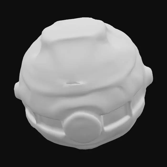 3D model for A sci-fi cyber planetoid, its surface a complex tapestry of dark, polished metallic plates and gleaming, etched circuits. led lights protrude at various points, emitting soft green light. The texture is a blend of smooth, cold metal and intricate, raised circuitry, giving it a high-tech, artificial feel. Its overall spherical shape is broken by geometric structures and integrated energy conduits, suggesting a fully automated, advanced AI POD