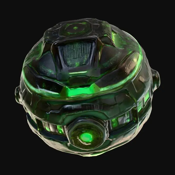 3D model for A sci-fi cyber planetoid, its surface a complex tapestry of dark, polished metallic plates and gleaming, etched circuits. led lights protrude at various points, emitting soft green light. The texture is a blend of smooth, cold metal and intricate, raised circuitry, giving it a high-tech, artificial feel. Its overall spherical shape is broken by geometric structures and integrated energy conduits, suggesting a fully automated, advanced AI POD