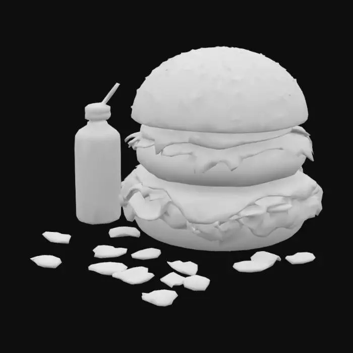 3D model for A burger, with it's sauce dripping so much by the side with a small juice pack right next to it