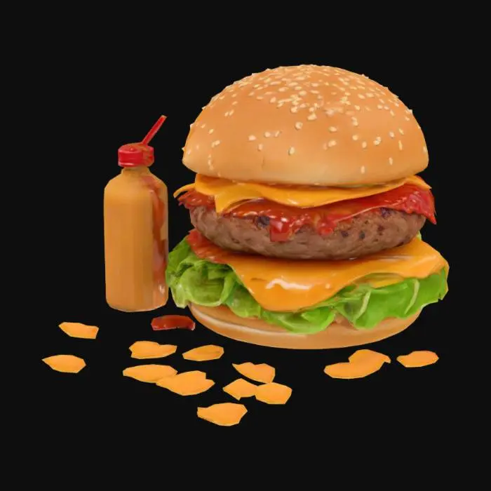 3D model for A burger, with it's sauce dripping so much by the side with a small juice pack right next to it