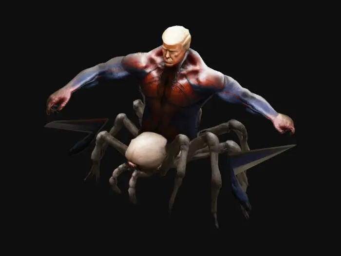 3D model for humanoid spider creature with donald trumps head attached to a human body which is attached to a spider.