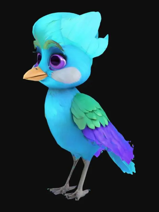 3D model for "A stylized 3D cartoon female forest bird with turquoise-blue feathers, hints of green and purple on the wings, and a smooth shiny texture. She has big, intelligent violet eyes and a calm, friendly expression. A leafy head feather like a crown and a slightly longer tail. DreamWorks or Pixar style, bright lighting, high-resolution 3D character model."