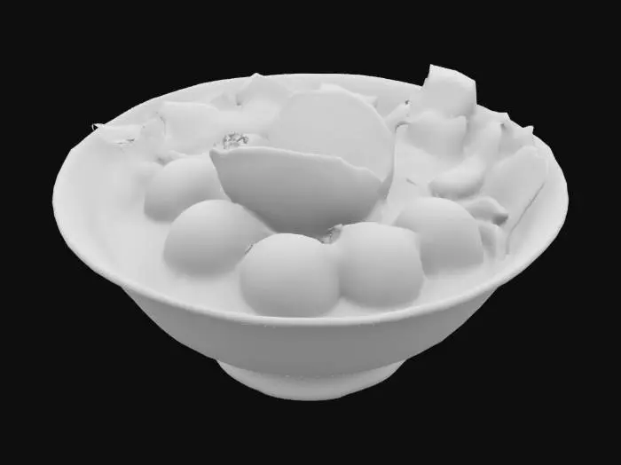 3D model for A 3D of a bowl of Indonesian bakso noodle soup. The bowl is white and contains one large meatball cut into four slices and four smaller whole meatballs floating in a clear broth. There are small portions of yellow egg noodles and white rice vermicelli. Green vegetables, bean sprouts, and fried shallots with chopped celery are neatly arranged on top. A single flat, slightly curved fried wonton (krupuk pangsit) is placed standing behind the noodles. The elements are stylized but detailed with soft shading, realistic textures, and a clean, vibrant look. The overall style is minimalistic, polished, and optimized for food illustration purposes.