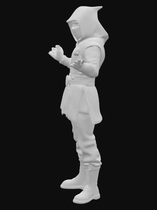 3D model for Faça um personagem que se pareça com um guerreiro, ele usa uma roupa parecida com as roupas de ninja. Ele tem uma espada na mão direita. Também veste um capuz. Na roupa dele tem detalhes que remetem ao tempo, pois um dos poderes desse personagem é voltar o tempo 